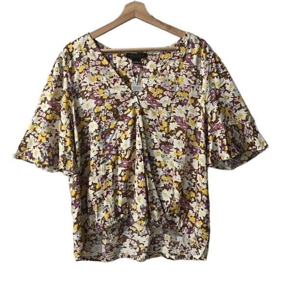 SANCTUARY FAUX WRAP SURPLICE BLOUSE FLORAL SMALL RUFFLED‎ SLEEVES V-NECK NWT - Picture 1 of 7